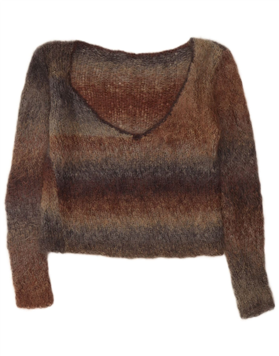 Suéter feminino vintage com decote em V UK 14 médio listrado multicolorido