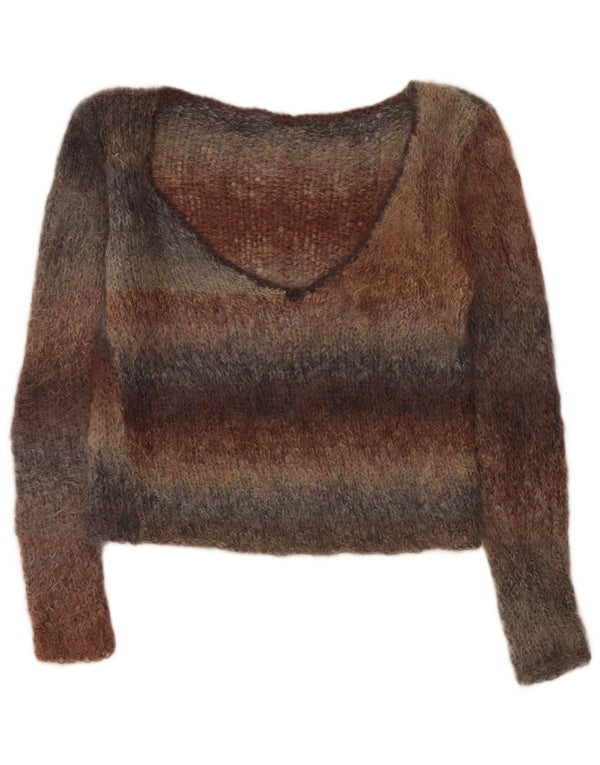 Suéter feminino vintage com decote em V UK 14 médio listrado multicolorido