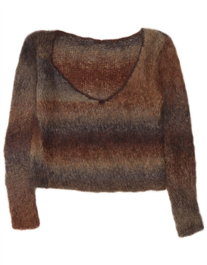 Suéter feminino vintage com decote em V UK 14 médio listrado multicolorido