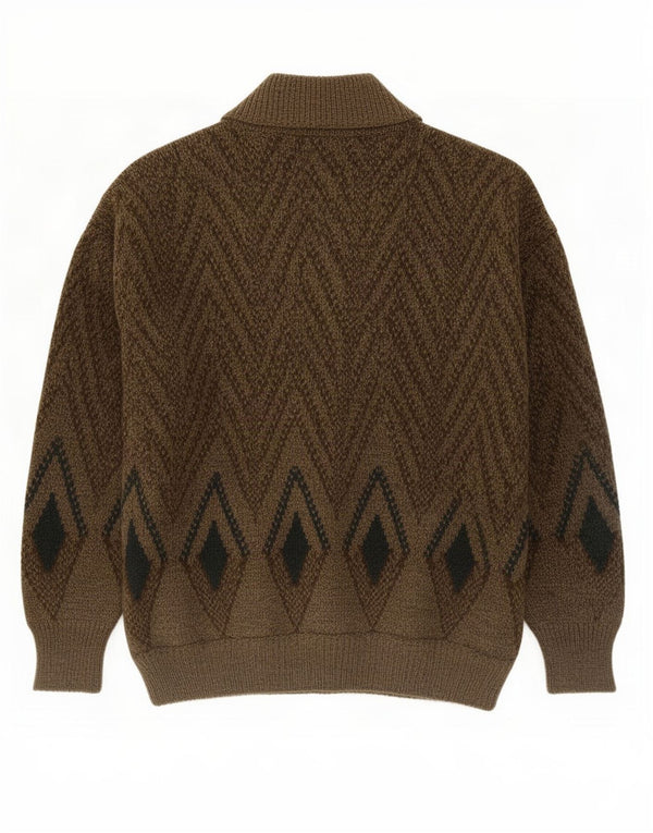 Suéter cardigã masculino vintage de lã geométrica cáqui médio