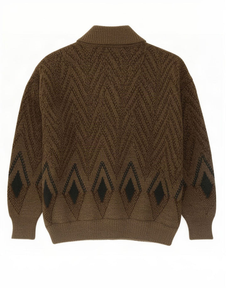Suéter cardigã masculino vintage de lã geométrica cáqui médio