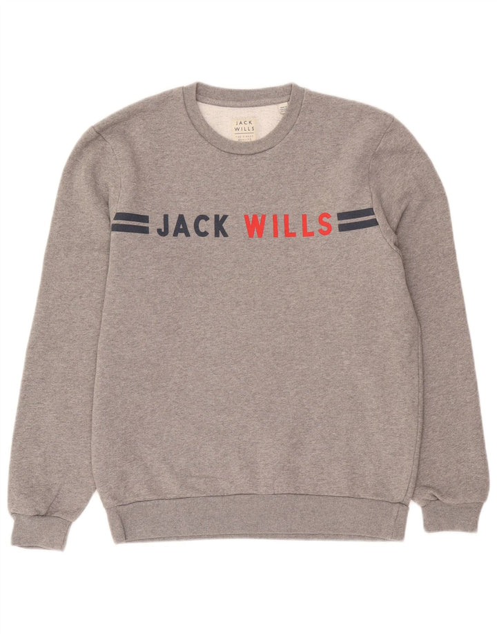 Jack Wills moletom gráfico masculino jumper médio cinza algodão manchado