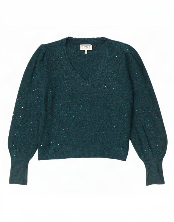 Suéter feminino grande com decote em V Fat Face UK 10 pequeno verde manchado
