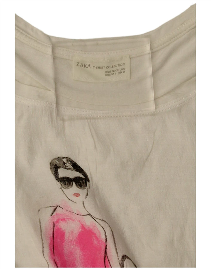 Camiseta feminina gráfica Zara Top UK 10 pequena branca