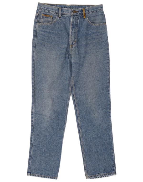 Jeans cônicos femininos vintage W34 L32 algodão azul