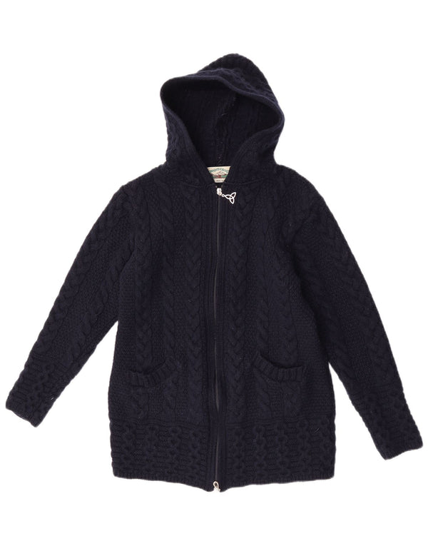 Suéter cardigã feminino com capuz Aran Crafts Reino Unido 6 XS azul marinho lã merino