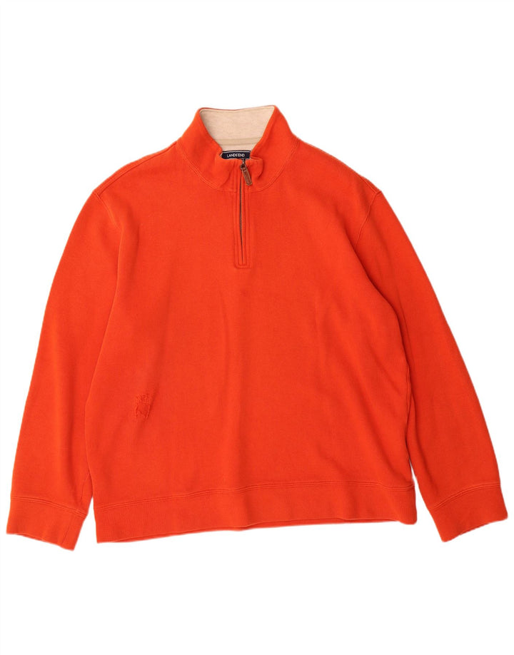 LANDS END Suéter masculino com zíper e gola grande de algodão laranja