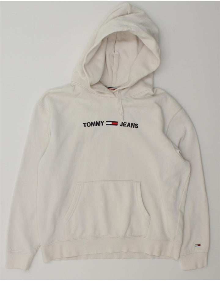 TOMMY HILFIGER Mens Graphic Hoodie Jumper Small White Cotton Vintage Tommy Hilfiger and Second-Hand Tommy Hilfiger from Messina Hembry 