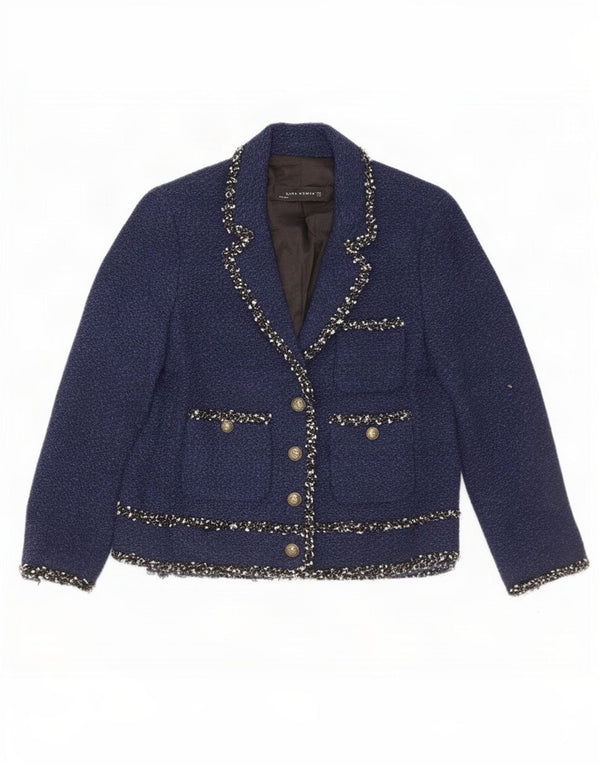 Jaqueta blazer feminina Zara manga 3/4 com 4 botões Reino Unido 12 azul marinho médio
