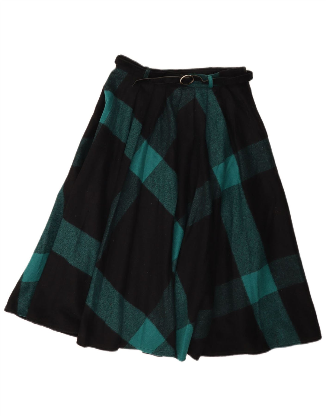 Saia larga feminina vintage IT 42 médio W26 lã xadrez preta