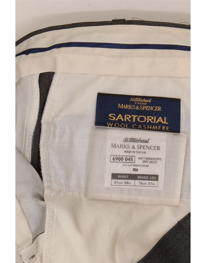 Calça masculina de terno reto Marks & Spencer W36 L31 lã espinha de peixe cinza