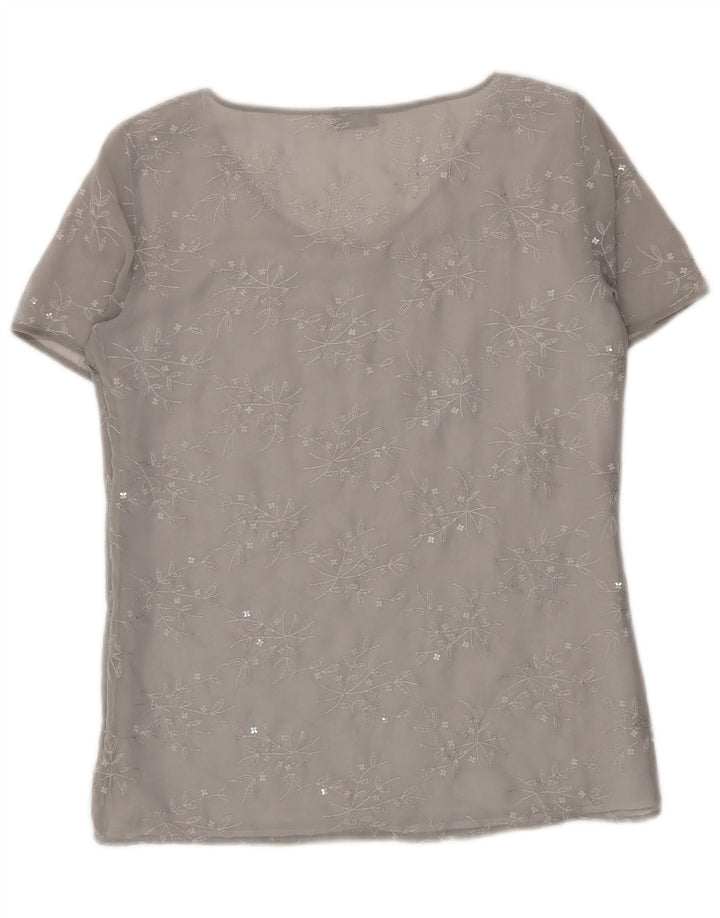 Blusa feminina transparente Marella UK 14 grande poliéster floral cinza