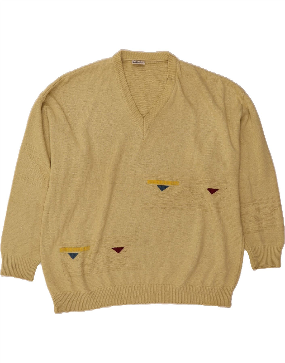ANGELO LITRICO Mens V-Neck Jumper Sweater 2XL Yellow Geometric Cotton Vintage Angelo Litrico and Second-Hand Angelo Litrico from Messina Hembry 