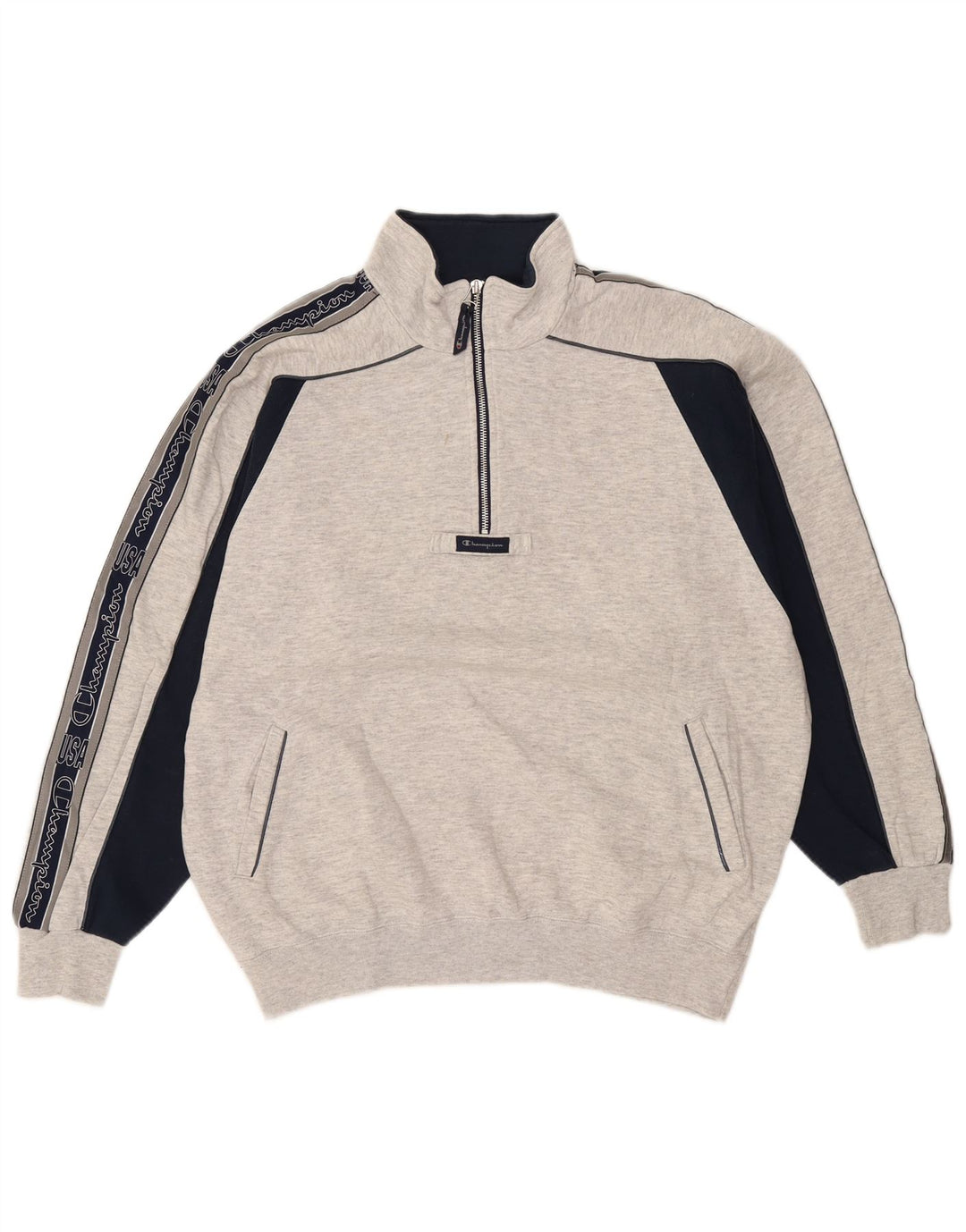 Suéter masculino Champion com gola e zíper gráfico grande bloco colorido cinza