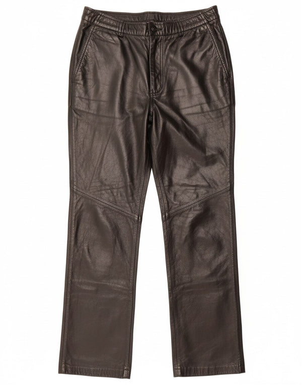 Calça feminina reta de couro DANIER Reino Unido 16 grande W34 L31 couro preto