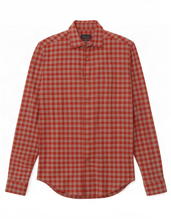 Camisa masculina Zara Slim Fit pequena de algodão vermelho guingão
