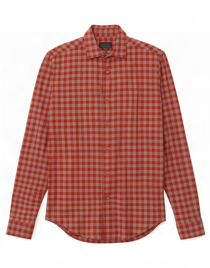 Camisa masculina Zara Slim Fit pequena de algodão vermelho guingão