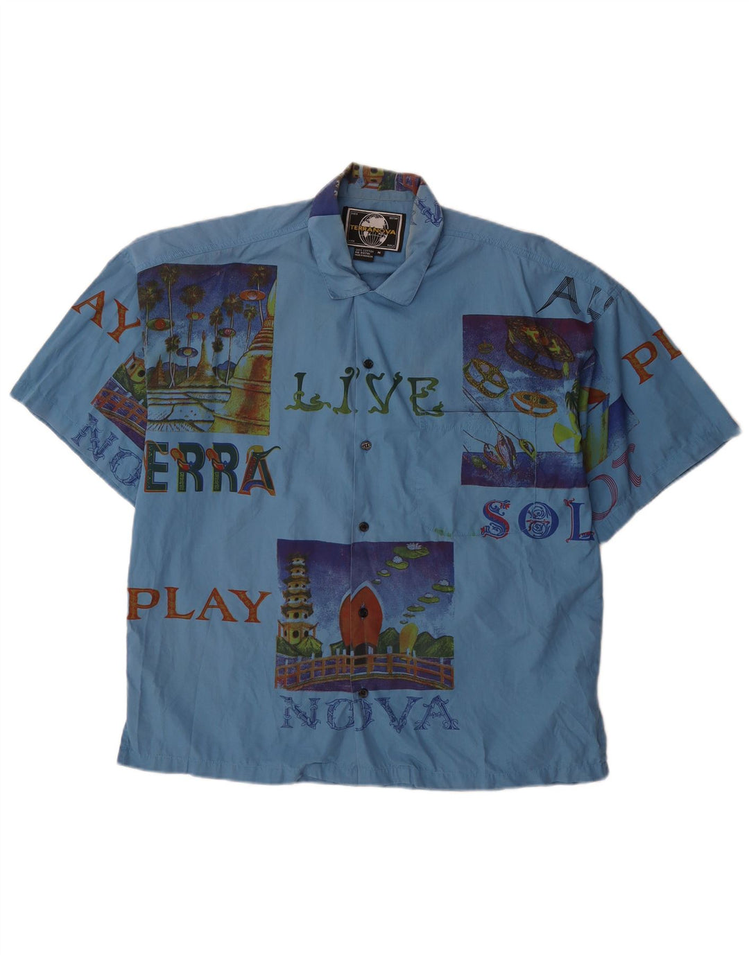 TERRANOVA Camisa masculina gráfica de manga curta azul médio patchwork algodão