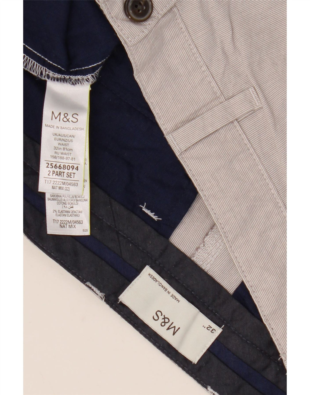 Shorts chino masculino Marks & Spencer W32 algodão listrado cinza médio