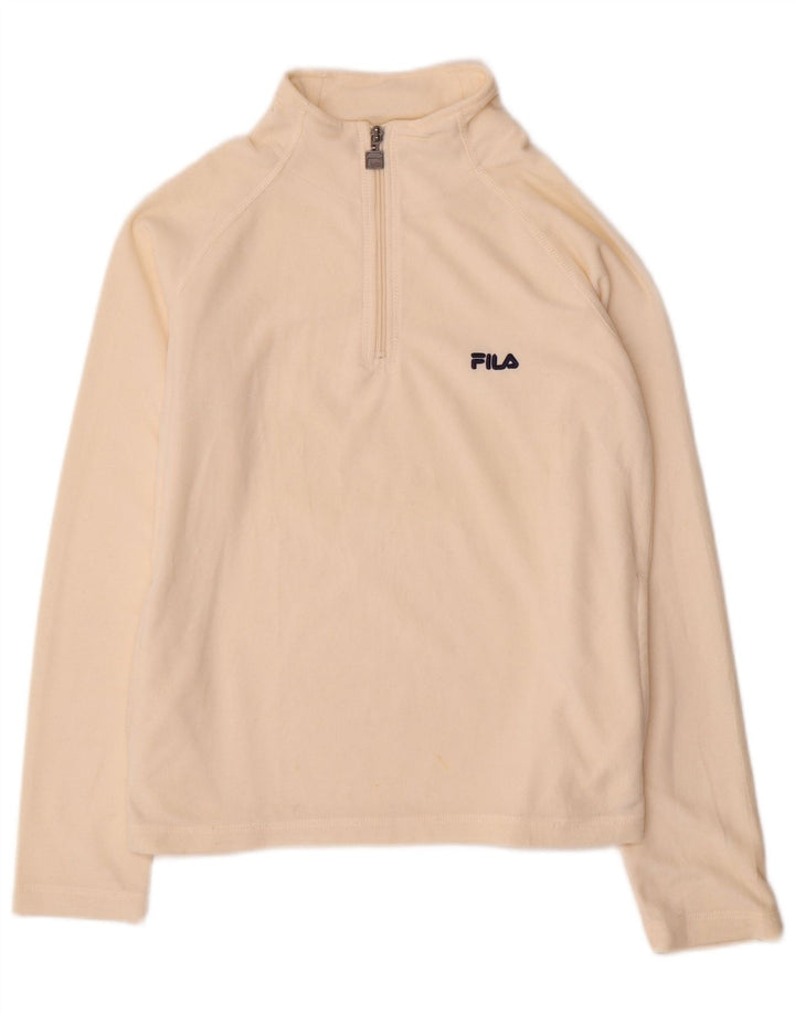Suéter de lã feminino Fila com zíper e gola UK 10 pequeno poliéster branco