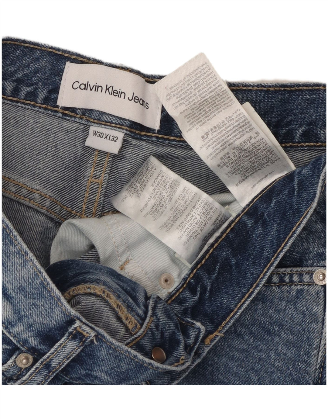 Calça jeans feminina CALVIN KLEIN cintura alta desgastada reta W30 L32 azul