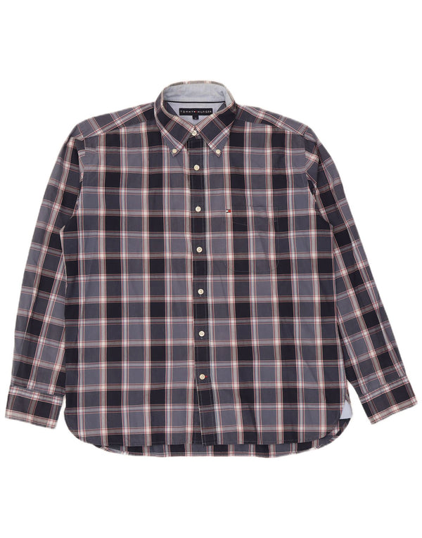 Camisa masculina Tommy Hilfiger média xadrez azul marinho de algodão