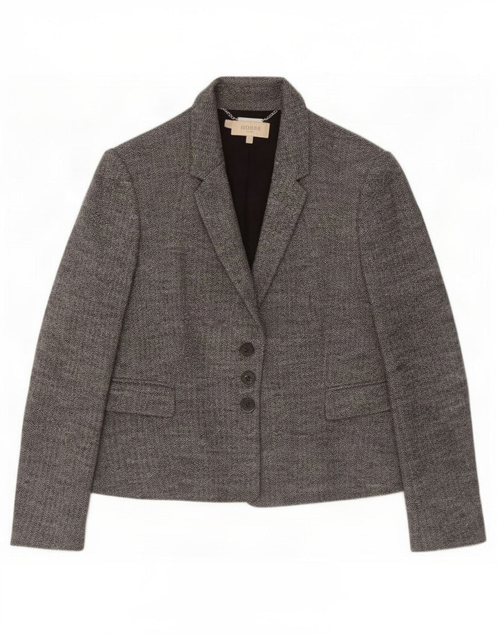 Jaqueta blazer feminina de 3 botões Hobbs Reino Unido 14 grande espinha de peixe cinza