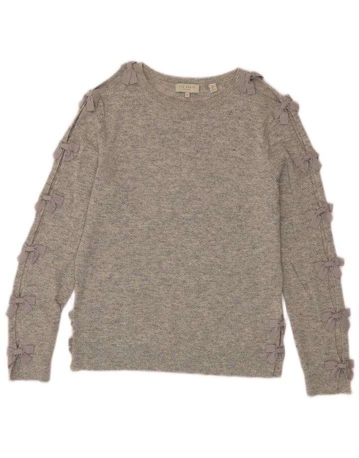Suéter feminino Ted Baker com gola canoa, tamanho 2, lã cinza pequena