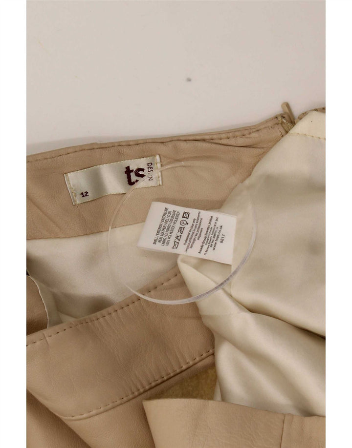 Saia de couro feminina vintage Reino Unido 12 médio W28 bege