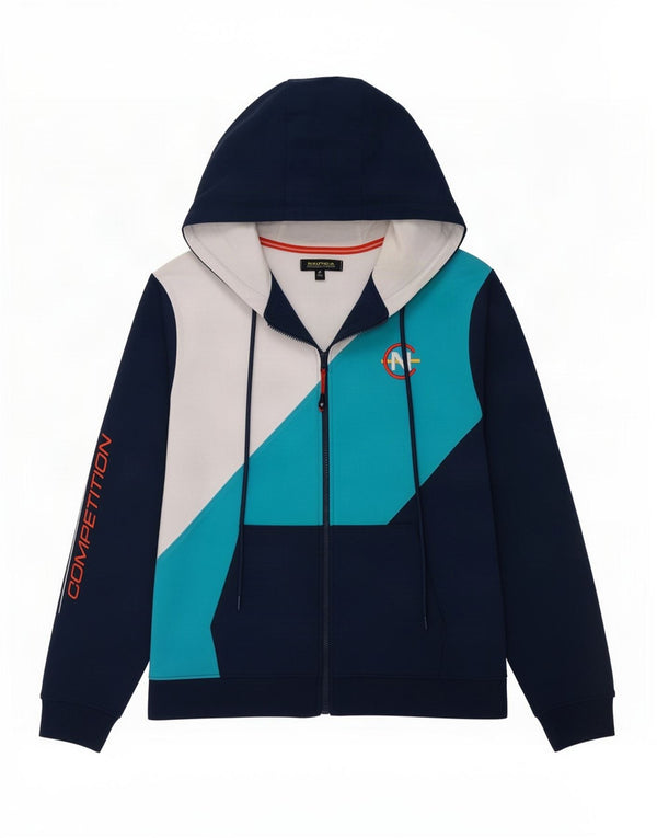 Suéter masculino Nautica com capuz e zíper gráfico médio azul marinho algodão colorido
