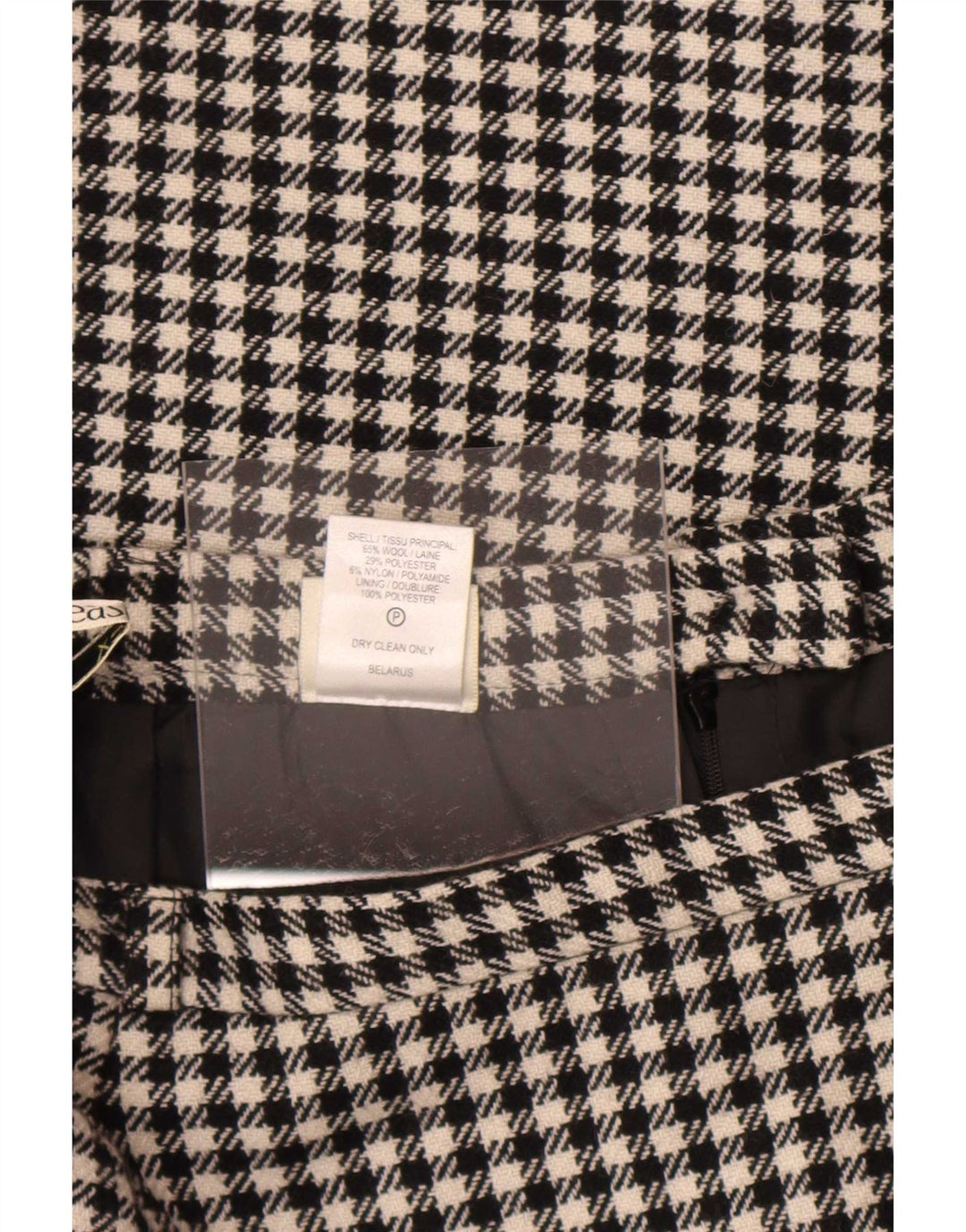 Saia midi feminina Eastex Reino Unido 14 médio W30 lã houndstooth preta