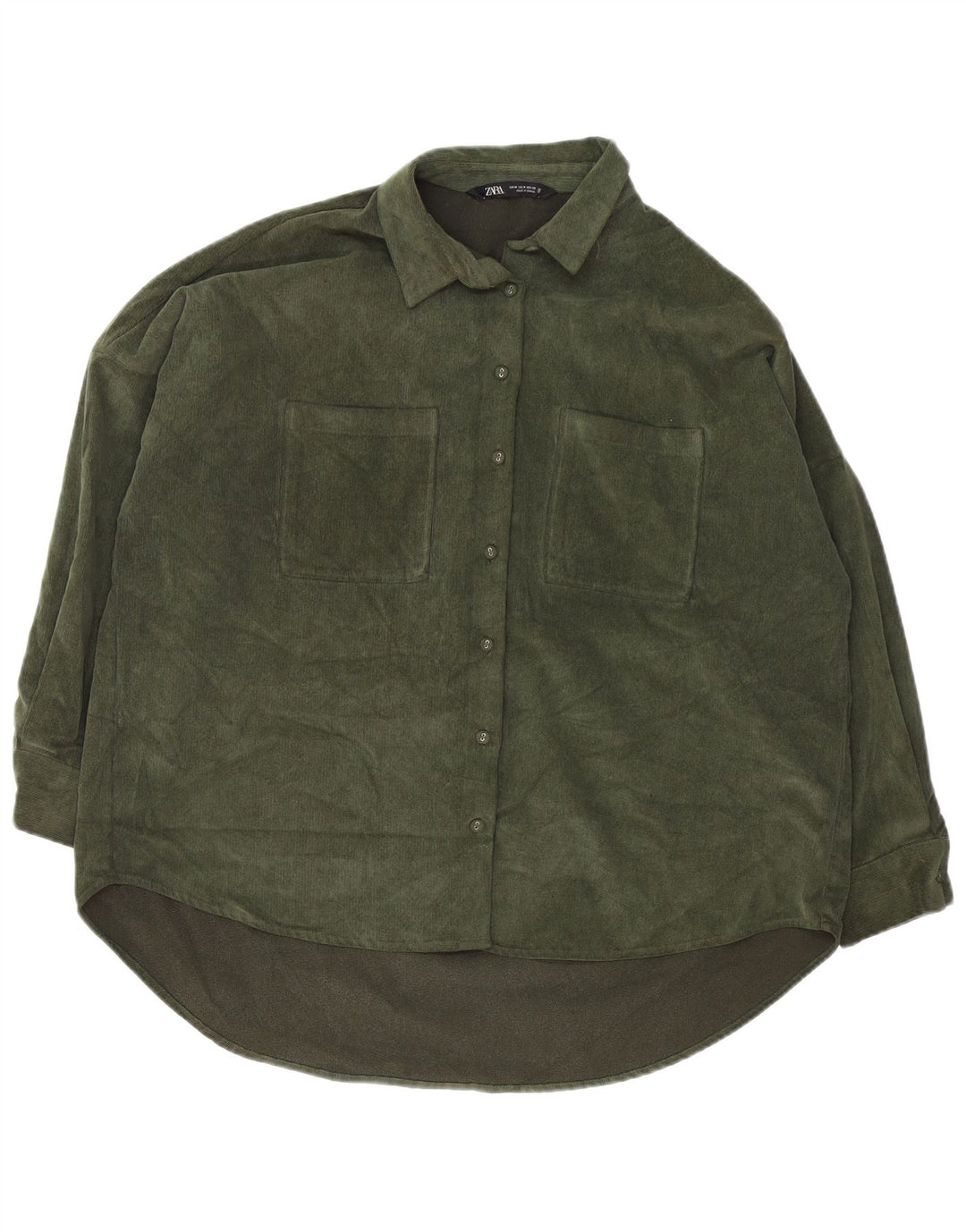 Camisa feminina de veludo cotelê Zara UK 14 poliéster verde médio