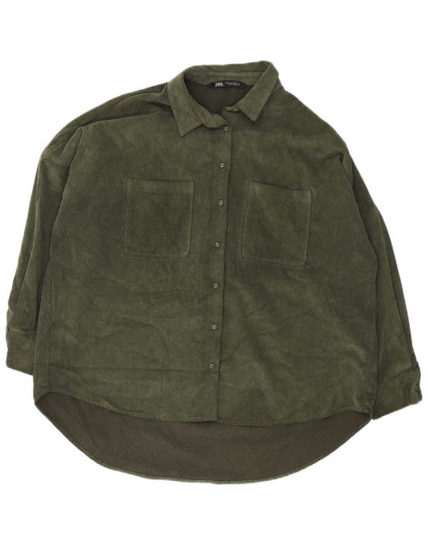 Camisa feminina de veludo cotelê Zara UK 14 poliéster verde médio