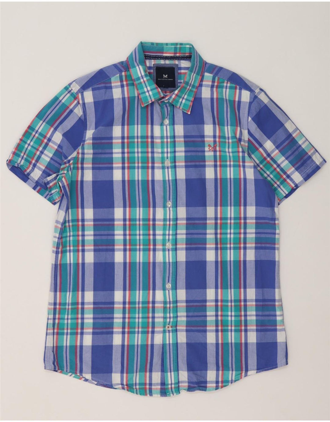 Crew Clothing Camisa masculina de manga curta grande algodão xadrez azul