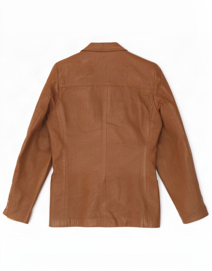 Jaqueta blazer feminina vintage de couro com peito duplo Reino Unido 14 marrom médio