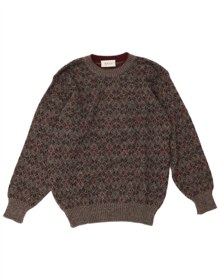Suéter vintage masculino com gola redonda e lã geométrica cinza médio