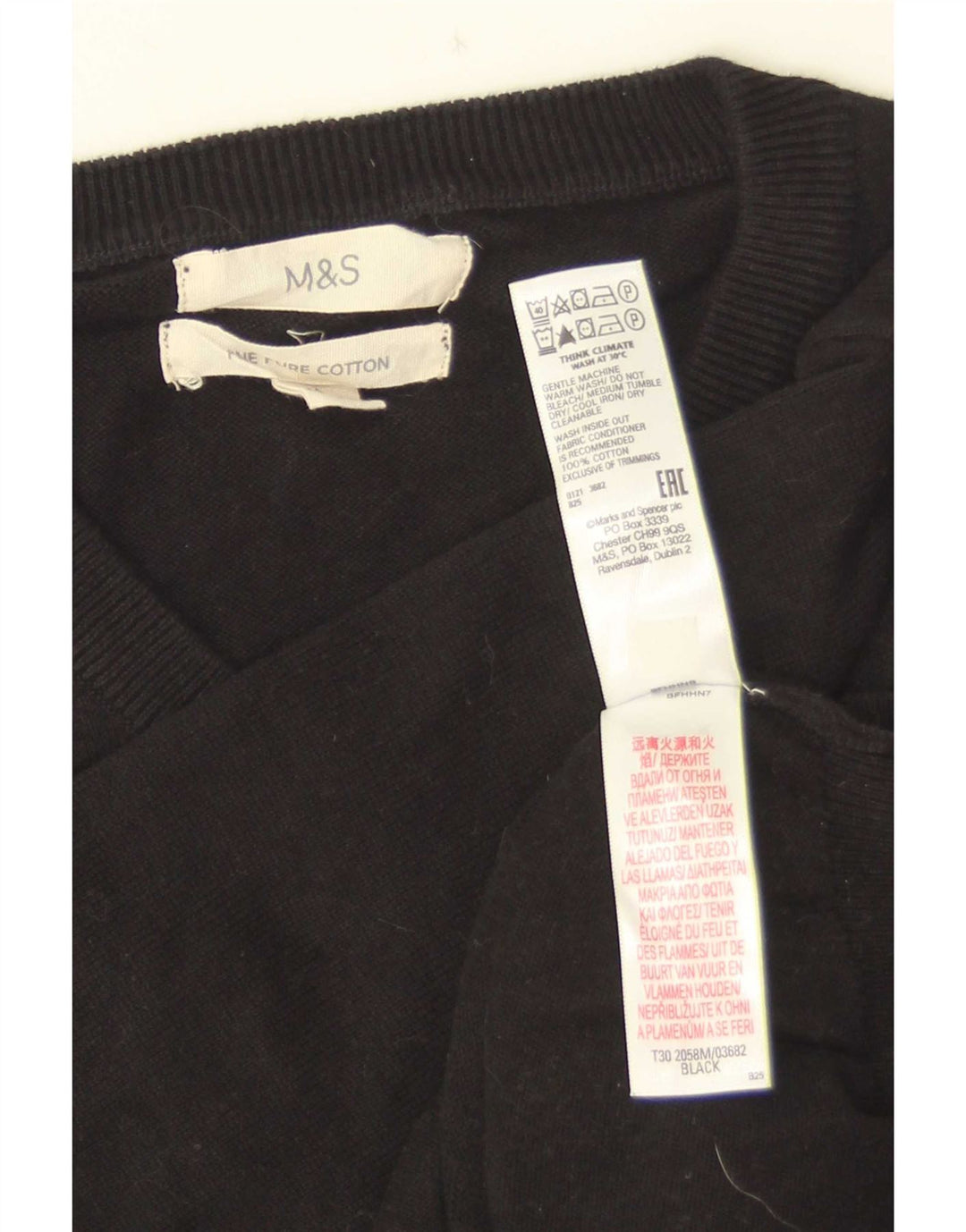 Suéter masculino Marks & Spencer com decote em V, algodão preto médio
