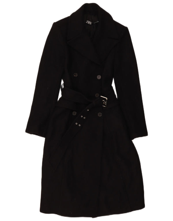 Zara Casaco feminino duplo breasted UK 10 pequeno lã preta