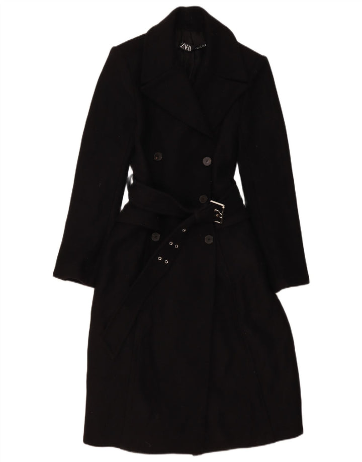 Zara Casaco feminino duplo breasted UK 10 pequeno lã preta