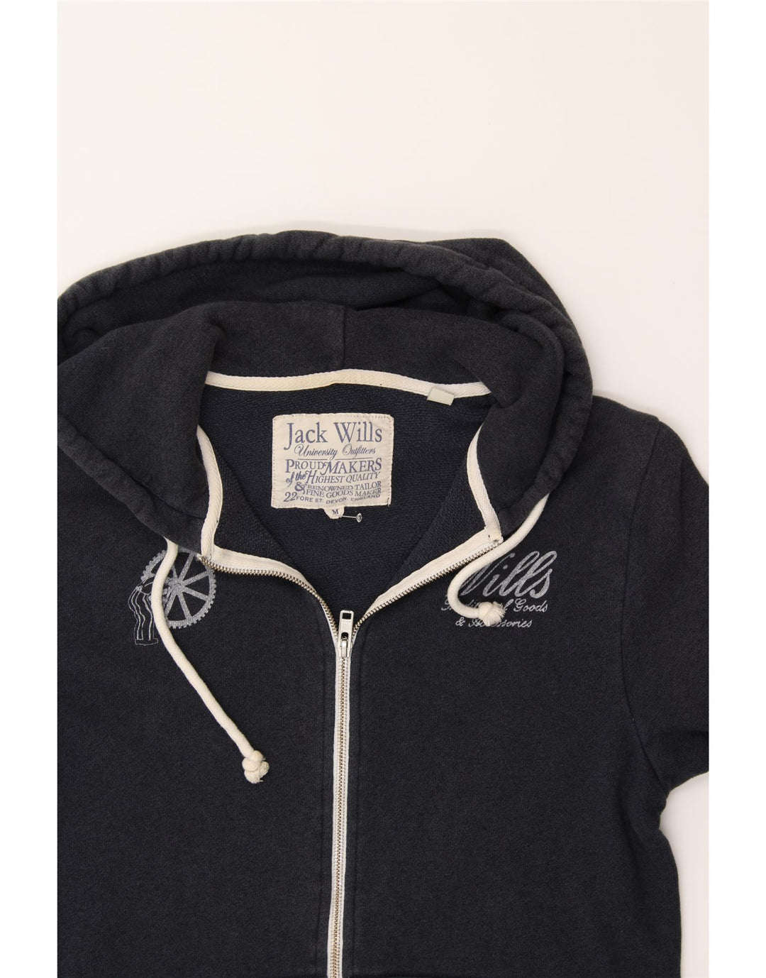 JACK WILLS Mens Graphic Zip Hoodie Sweater Medium Navy Blue Cotton Vintage Jack Wills and Second-Hand Jack Wills from Messina Hembry 