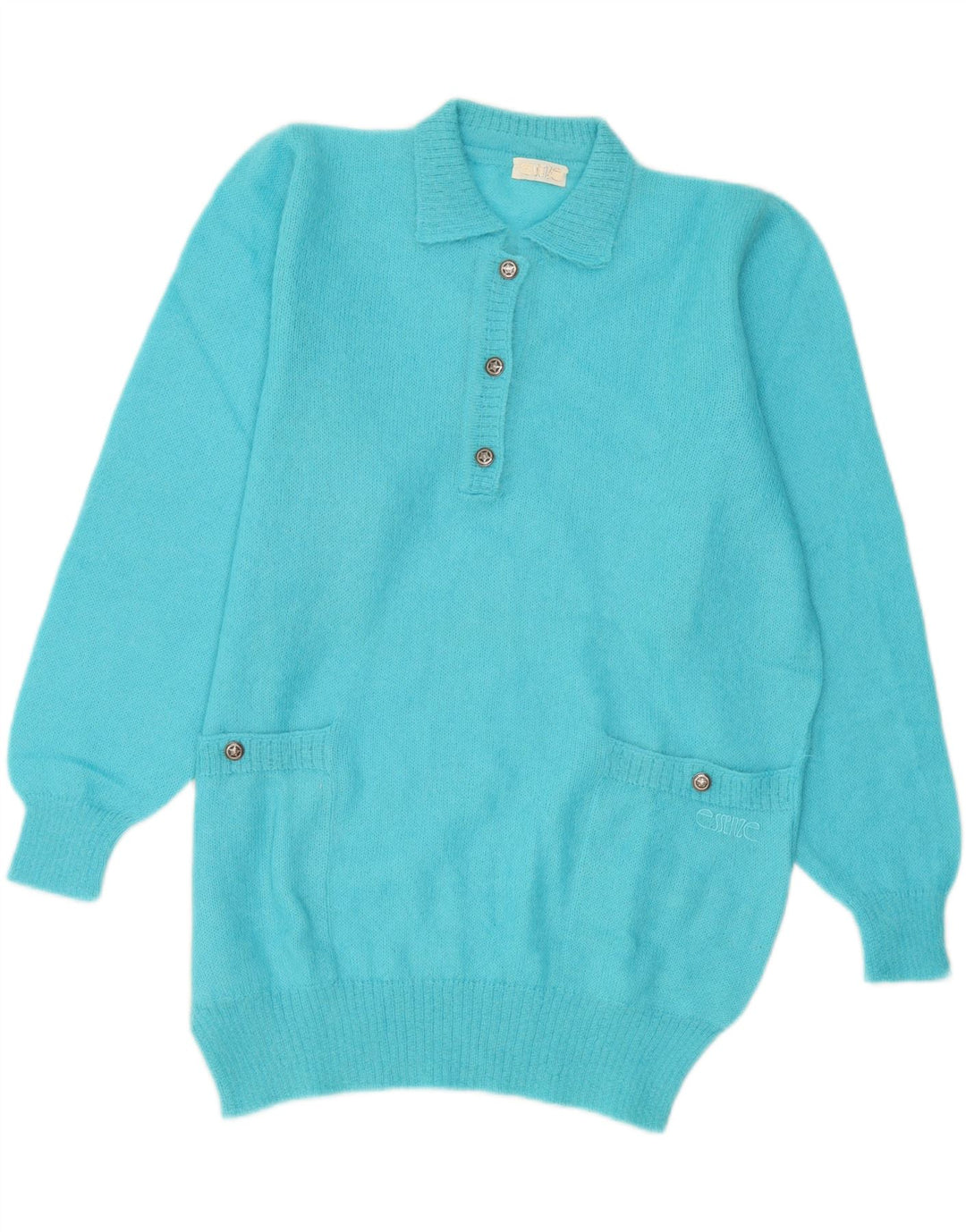 Suéter feminino vintage com gola polo IT 44 mohair azul médio