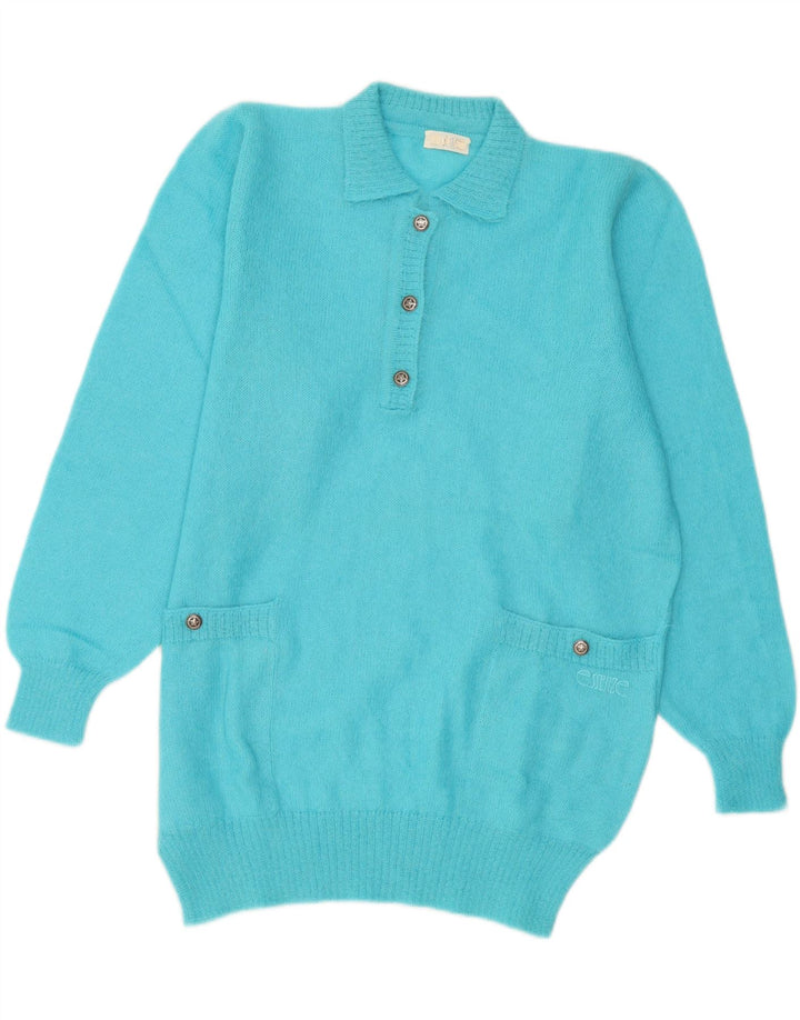 Suéter feminino vintage com gola polo IT 44 mohair azul médio