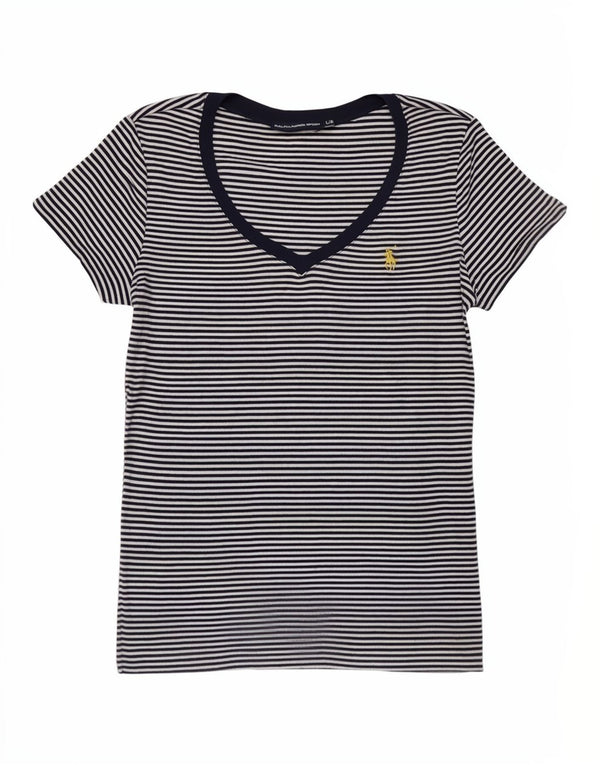 Camiseta feminina Ralph Lauren UK 14 grande azul marinho listrado náutico