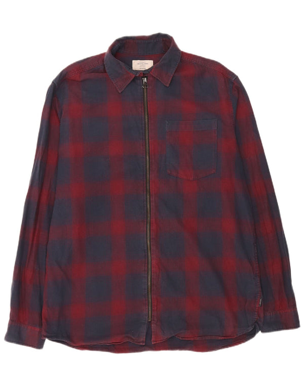 Camisa masculina Jack & Jones com zíper completo e ajuste regular, grande, azul, xadrez, algodão