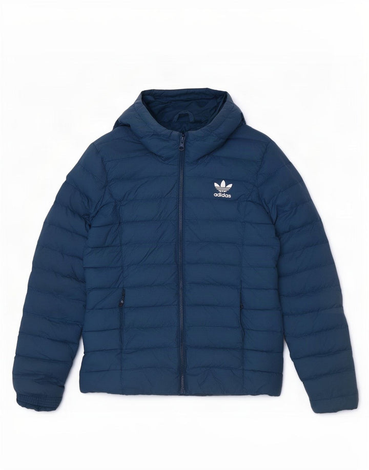 Jaqueta acolchoada com capuz feminina Adidas UK 10 pequena azul marinho nylon
