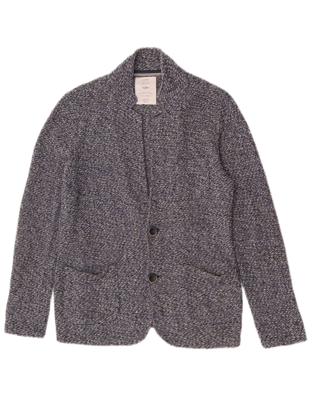 Jaqueta blazer Zara Boys tricotada com 2 botões 13-14 anos algodão manchado azul