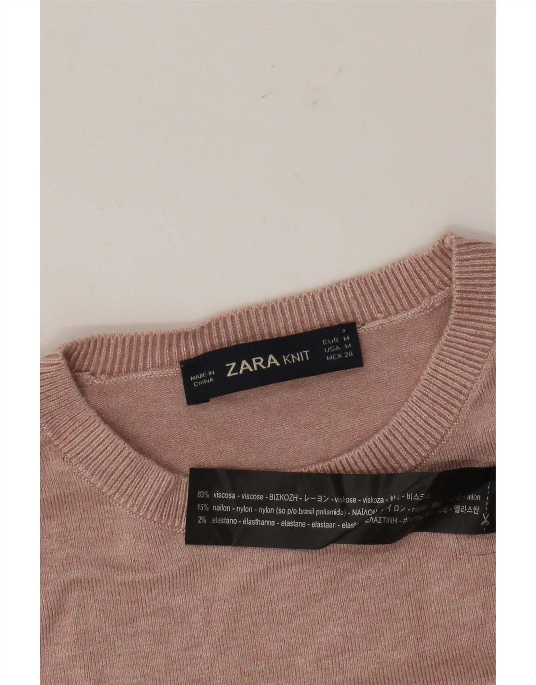 Suéter feminino Zara com gola redonda e viscose rosa médio UK 12
