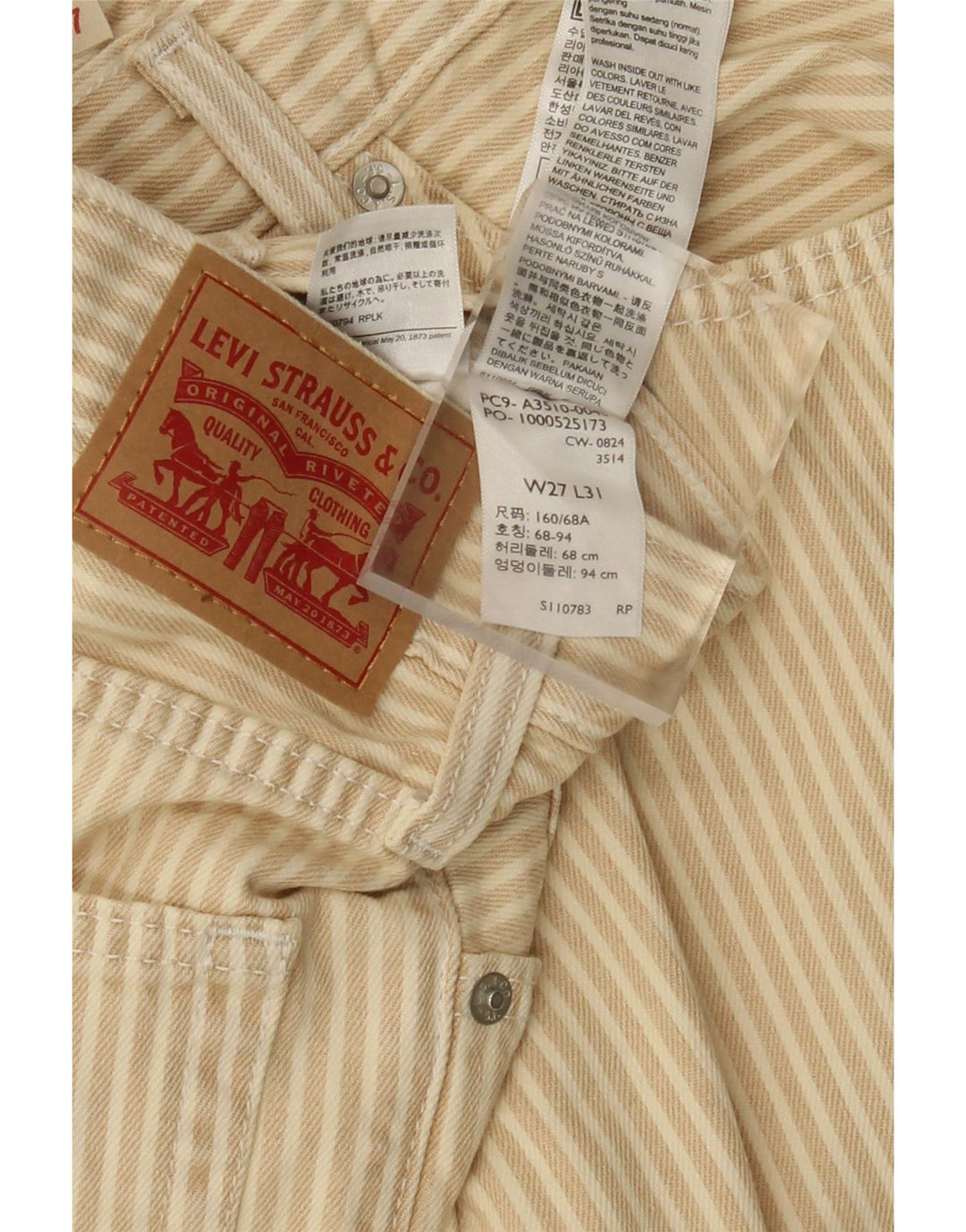 Calça feminina reta casual LEVI'S W27 L31 algodão listrado bege