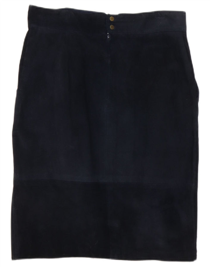 Saia reta feminina de camurça vintage W30 azul marinho médio