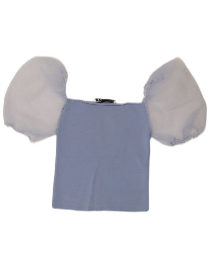 Top feminino Zara com ombro de fora UK 12 bloco colorido azul médio